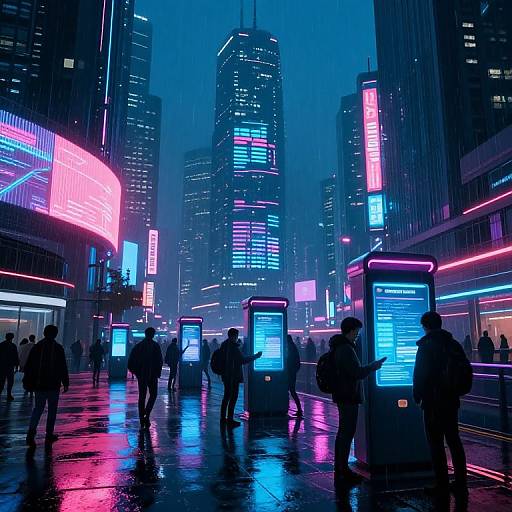 Neon-lit, rainy urban street scene at night with silhouetted people using glowing blue and pink digital kiosks in front of towering