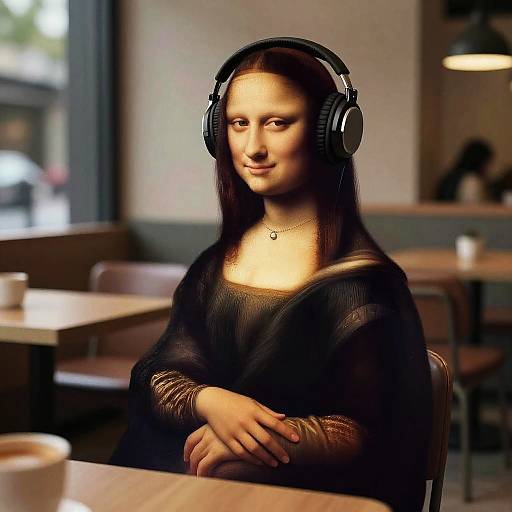 Digital artwork of the Mona Lisa wearing black headphones, seated in a modern café, arms crossed, with blurred background.