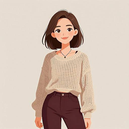 Digital anime-style illustration of a smiling young woman with short brown hair, wearing a white knit sweater and black high-waisted pants.