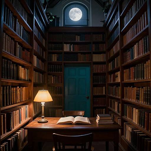 Photograph of a dimly lit, narrow library aisle with wooden bookshelves, a lit table lamp, open book on a desk, and a