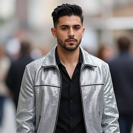 Photograph of a handsome, dark-haired man with a trimmed beard, wearing a shiny silver jacket over a black shirt, standing in a blurred urban background