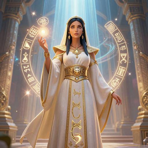 Digital artwork of a mystical woman in an ornate white and gold robe, holding a glowing orb, standing in a grand, illuminated cathedral. Magical symbols