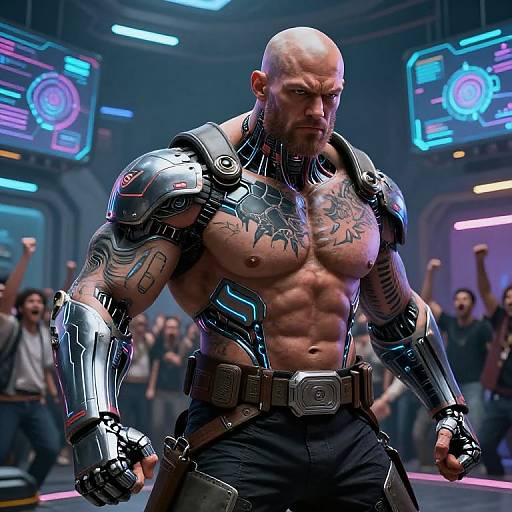Muscular bald man with cybernetic armor and tattoos, powerful stance, futuristic neon-lit room, cheering crowd in background, CGI artwork.