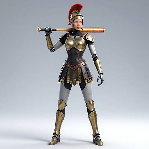 CGI image of a female warrior in ancient Greek-style armor with a red plume, holding a wooden bat over her shoulder. She stands confidently against