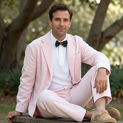Photograph of a handsome, dark-haired man in a pink pinstripe suit, black bow tie, and beige shoes, seated outdoors with trees in
