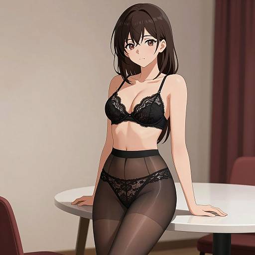 Anime Woman in Black Lace Lingerie