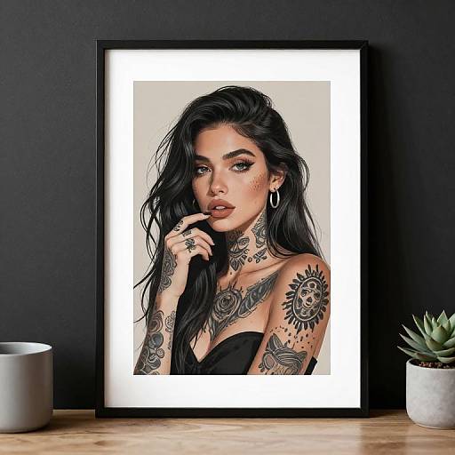 Tattooed woman with long black hair, hoop earrings, and sun tattoo on shoulder, framed in black against white background, on wooden table.