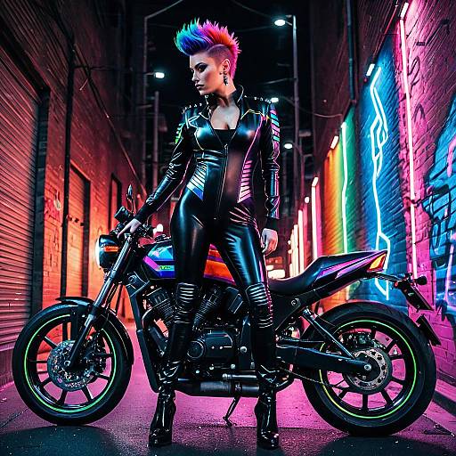Cyberpunk Neon Rebel with Motorcycle