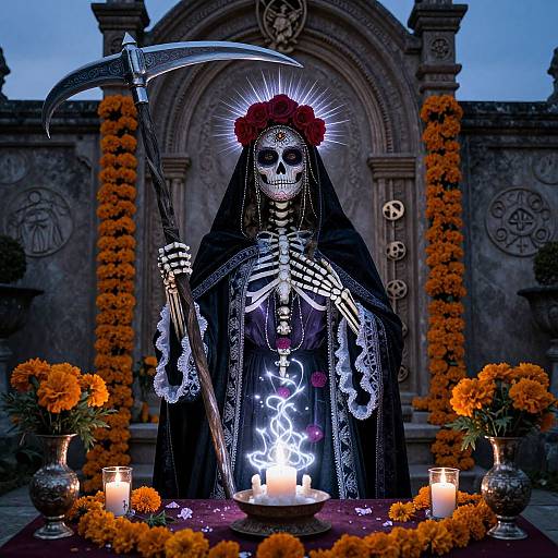 Photograph of a skeletal figure in a black veil, holding a scythe, surrounded by orange marigolds, candles, and stone archway at