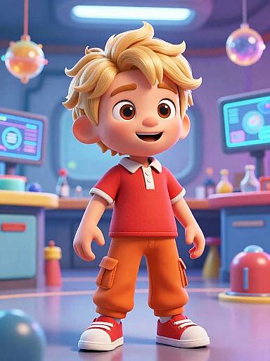 3D Cartoon Boy in Futuristic Lab