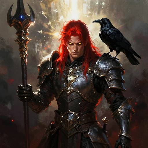 Digital painting of a fierce red-haired warrior with glowing eyes, wearing shiny silver armor, holding a spiked staff, and a black crow perched on his