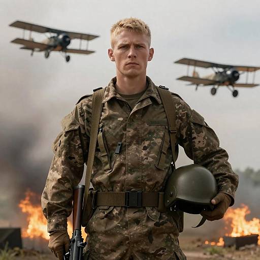 Determined Soldier in Camouflage with Biplanes Flying