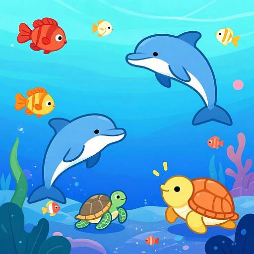 Colorful cartoon illustration of underwater scene with blue dolphins, orange fish, green turtle, yellow turtle, and coral reef background.