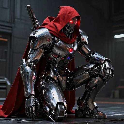 Photorealistic CGI of a metallic robot warrior crouching, wearing a red hooded cape, red glowing eyes, and red and blue lights on