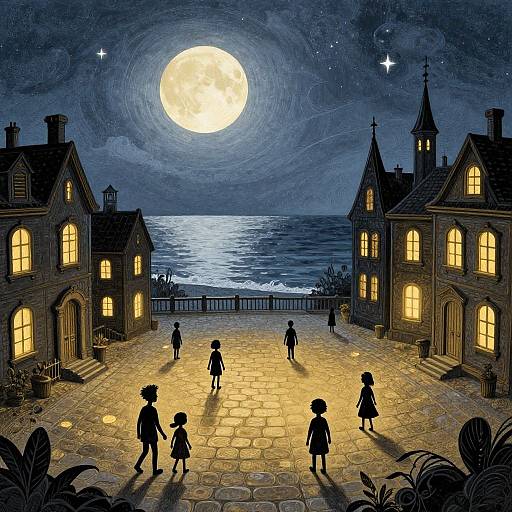 Digital illustration of a moonlit seaside village square with five silhouetted children walking, surrounded by glowing-windowed, gothic-style houses. Full