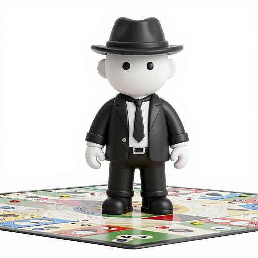3D white-faced LEGO minifigure in black suit, tie, and hat, standing on colorful game board. Photorealistic CGI style.