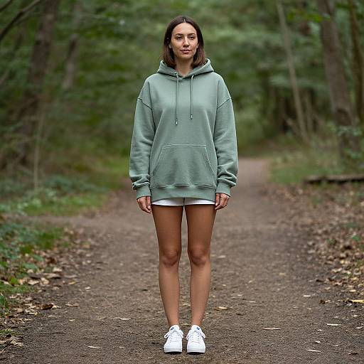 Photograph of a young woman with medium brown skin, dark hair, wearing a light green hoodie, white shorts, and white sneakers, standing on a