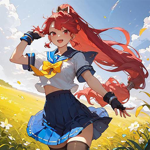 Red-Haired Schoolgirl in Sunlit Field