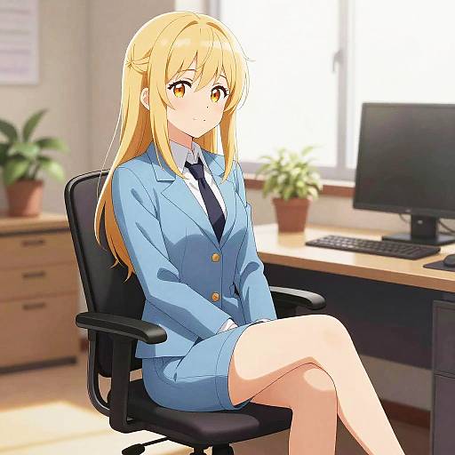 Anime-style digital drawing of a blonde girl with yellow eyes, wearing a blue business suit, sitting in an office chair, legs crossed, in a bright