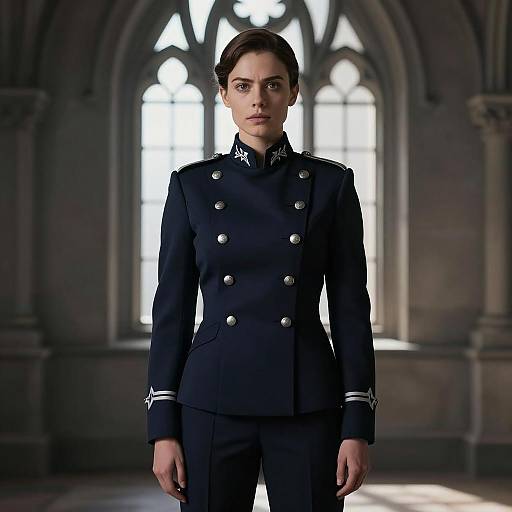 Woman in Dark Navy Military-Style Uniform