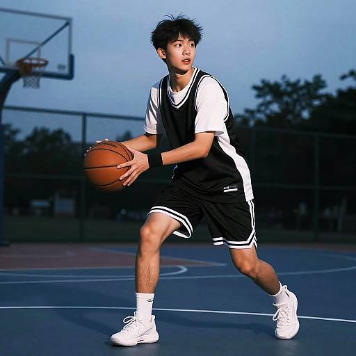 Photograph of an Asian teenage boy in black and white basketball uniform, holding a basketball, ready to shoot on an outdoor court at dusk.