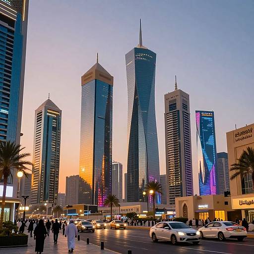 Photograph of Dubai's evening skyline, showcasing tall, modern skyscrapers with illuminated facades, a sunset sky, busy street with cars and pedestrians