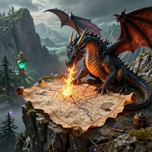 Photorealistic digital artwork: a fierce, black-scaled dragon with orange underbelly breathes fire onto a map on a cliff, surrounded by
