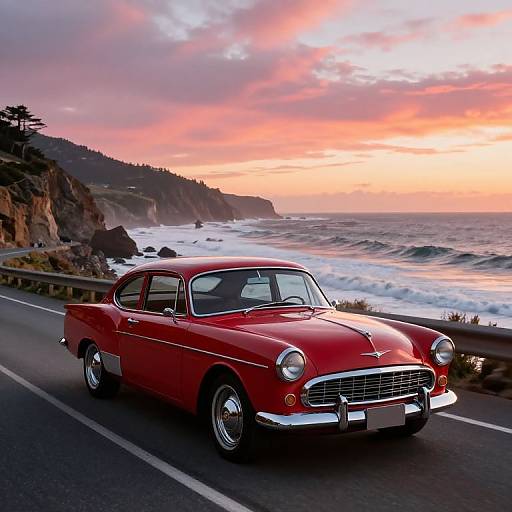 Photograph of a shiny red vintage car driving along a coastal road at sunset, with waves crashing against rocky cliffs.
