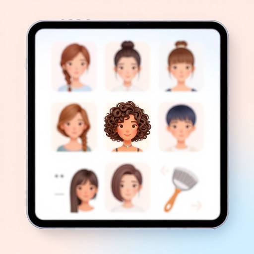 Digital illustration of a tablet displaying eight cartoon-style headshots of diverse individuals with curly brown hair in the center, surrounded by blurred faces on a white background