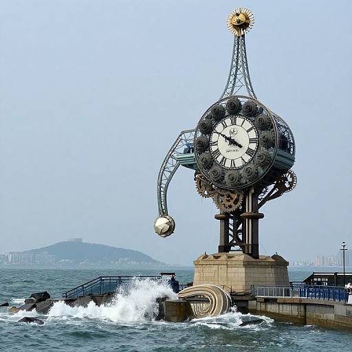 Photograph of a large, industrial-style clock tower with a clock face, mechanical arm, and sunburst top, standing in crashing ocean waves, against