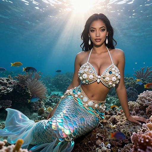 Elegant Mermaid Siren on Coral Reef