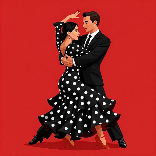Illustration of a black-and-white polka-dotted dancing couple in formal attire, mid-dance pose, against a vibrant red background.