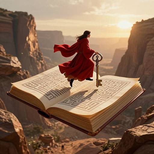 Photograph-style digital artwork: Silhouetted woman in red cloak and boots stands on open, floating book with key, above desert canyon at sunset