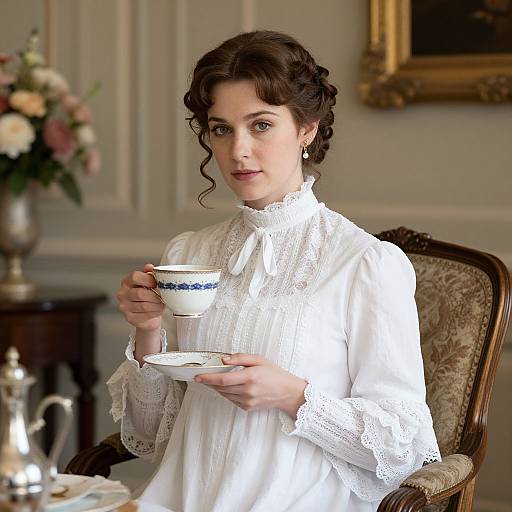 Photograph of a fair-skinned woman with curly brown hair in a white lace Victorian dress, holding a blue-striped teacup and saucer,