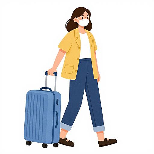 Digital illustration of a woman with long brown hair, wearing a yellow jacket, white shirt, blue pants, and brown shoes, walking with a blue rolling