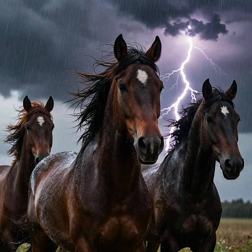 Photograph of three dark brown horses with white markings, standing in a stormy field during a lightning storm, with raindrops visible.