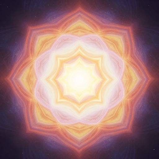 Digital art of a radiant, glowing, multi-layered sunburst pattern in yellow, orange, and white, surrounded by a dark, starry background