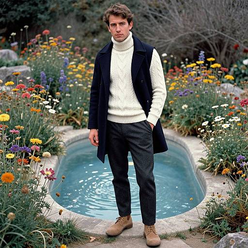 Photograph of a handsome man with brown hair, wearing a white turtleneck, black coat, dark pants, and tan boots, standing in front