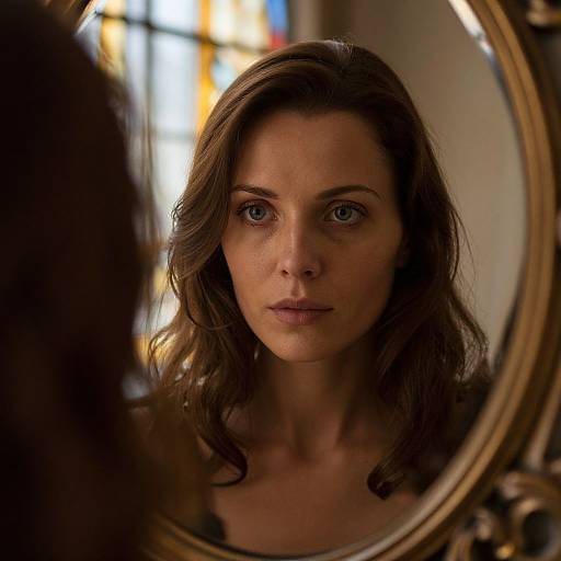 Photograph of a serious-looking woman with wavy brown hair, blue eyes, and fair skin, reflected in an ornate oval mirror, with a
