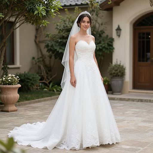Photograph of a smiling bride in a strapless white lace wedding gown with a long veil, standing on a stone patio outside a cozy, beige house