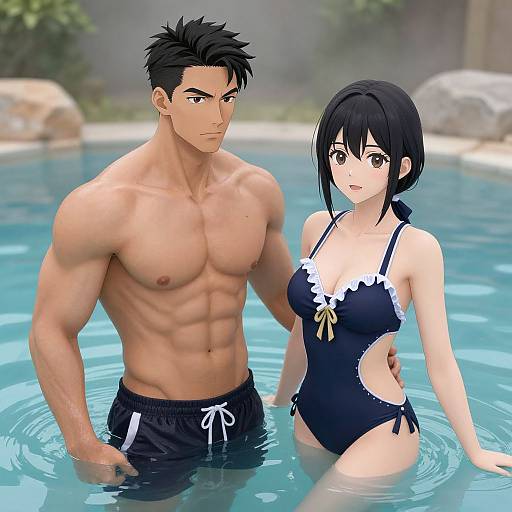 Anime-style digital illustration of a muscular, shirtless man with black hair and a black-haired woman in a black one-piece swimsuit, standing in a