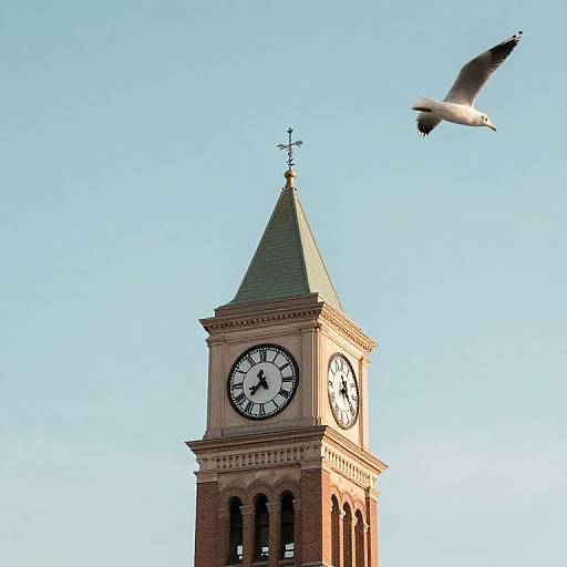 Photograph of a brick clock tower with a green roof, white clock face, and two visible clock hands, against a clear blue sky, with a