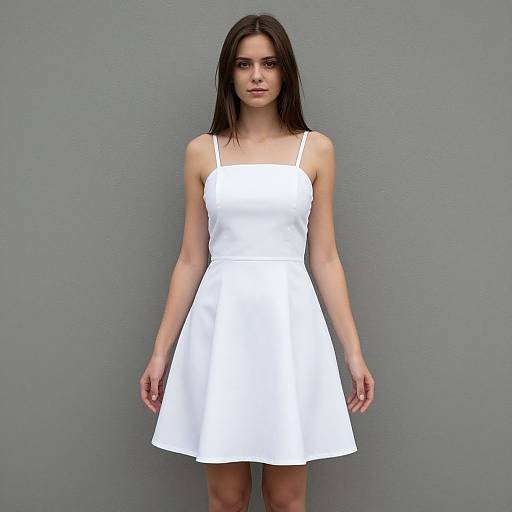 Photograph of a young woman with straight black hair, wearing a white, sleeveless, spaghetti-strap dress, standing against a plain gray wall.