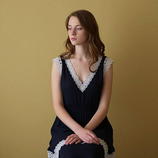 Photograph of a young Caucasian woman with fair skin and brown wavy hair, wearing a black dress with white lace trim, seated against a yellow background