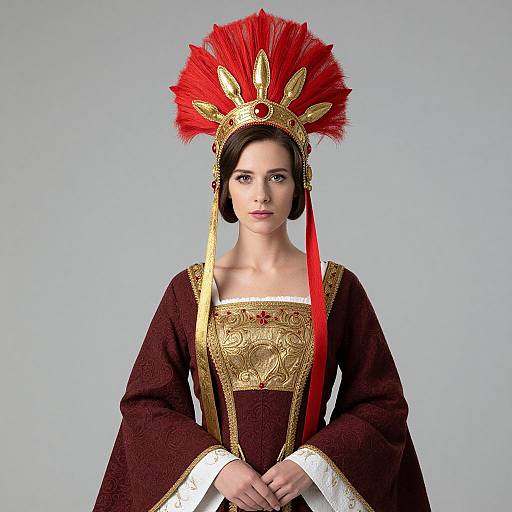 Photograph of a fair-skinned woman with dark hair in an elaborate red and gold headdress and richly decorated brown and gold medieval-style gown.