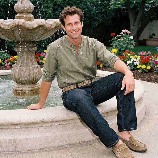 Photograph of a smiling, brown-haired man in a green, embroidered shirt, dark jeans, and tan shoes, sitting on a stone fountain's edge