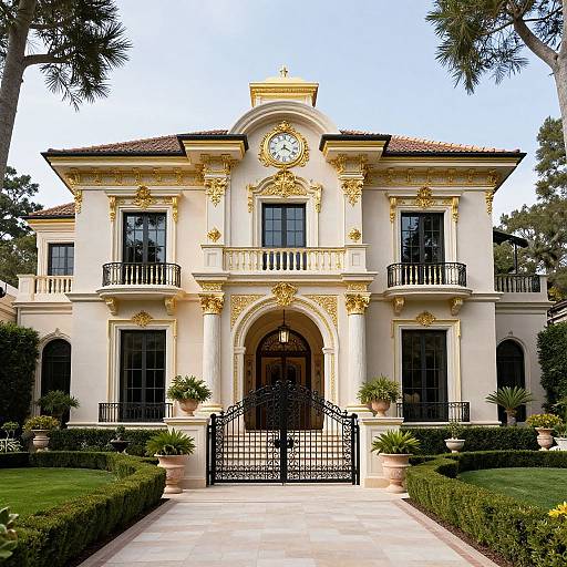 Photograph of a grand, two-story, cream-colored mansion with black shutters, gold ornate details, clock above central archway, and a