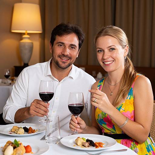 Photograph of a smiling couple holding wine glasses at a restaurant, with a woman in a colorful dress and a man in a white shirt, seated at