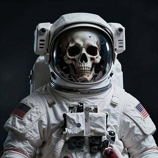 Photograph of a realistic skull wearing a white astronaut suit with an American flag patch, reflective visor, and dark background.