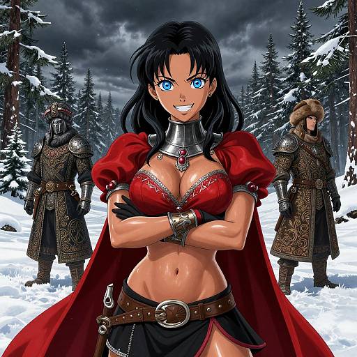 Digital anime-style drawing of a blue-eyed, black-haired woman with large breasts, red armor, and black skirt, standing confidently in snowy forest, fl